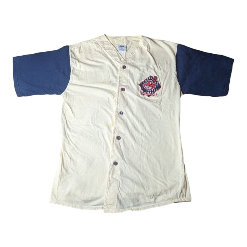 Vintage 90s MLB Cleveland Indians Button Up T Shirt Size L Logo CSL Stained Read